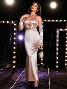 SHEIN Belle Floral Appliques Halter Neck Backless Satin Bridesmaid Dress - Champagne - View 6