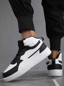 男士高幫休閒時尚運動鞋板鞋 - 黑與白 - 查看 4