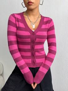 SHEIN Unity Mẫu sọc Nút phía trước Áo len Mở - Nhiều màu - Xem 5