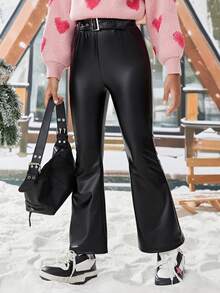 Tween Girl Star Pattern Flare Leg PU Leather Pants - Black - View 4