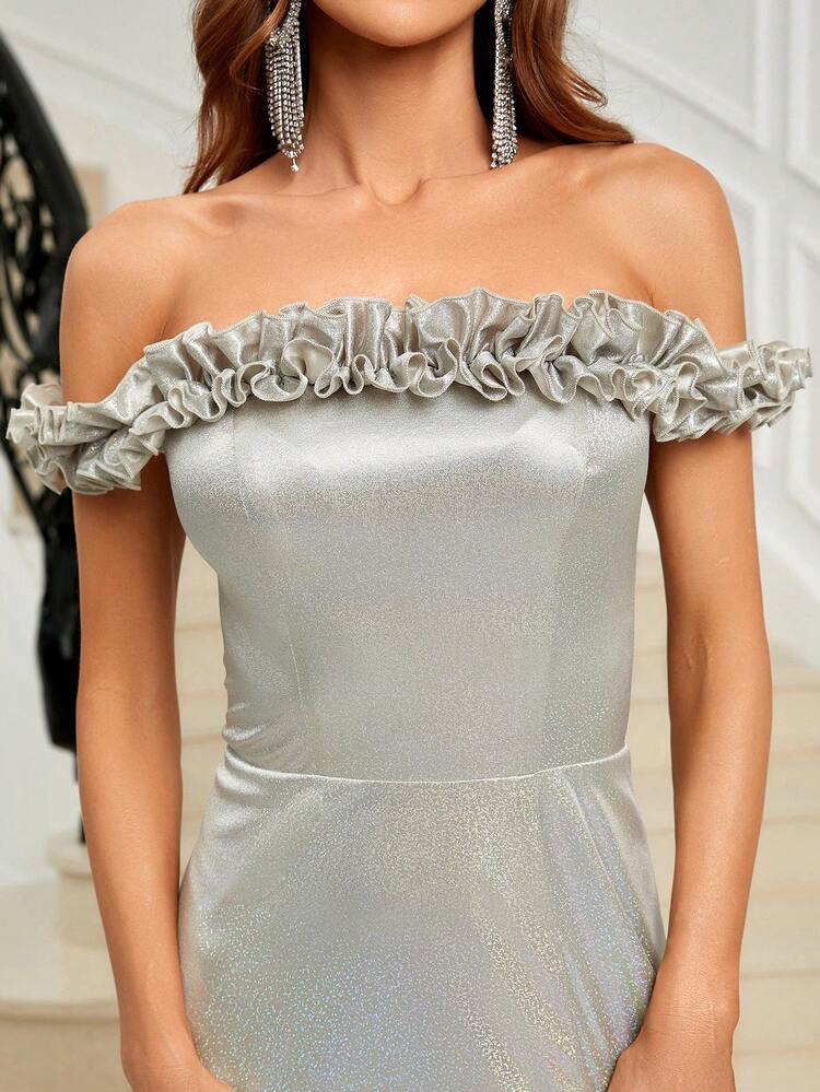 Off Shoulder Ruffle Trim Split Thigh Bridesmaid Dress