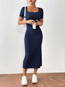 SHEIN Frenchy Vestido de cuello cuadrado de muslo con abertura - Azul Marino - Ver 5