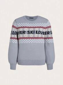 SHEINNeu Letter & Plaid Pattern Sweater - Grey - View 1