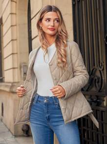 SHEIN Frenchy Solid Button Front Belted Quilted Coat - Apricot - View 5