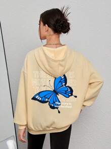Teen Girl Slogan & Butterfly Print Drop Shoulder Sweatshirt - Beige - View 1