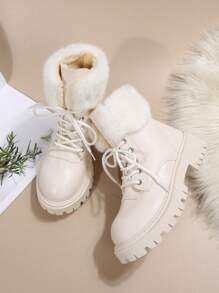 女士时尚柔软舒适春/秋/冬靴，配白色鞋带和保暖内衬 - 米色 - 查看 1