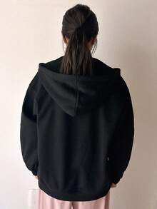 DAZY Solid Drop Shoulder Zip Up Oversized Hoodie - Black - View 7