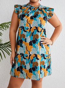 SHEIN LUNE 大碼滿版印花荷葉邊洋裝 - 彩色 - 查看 1