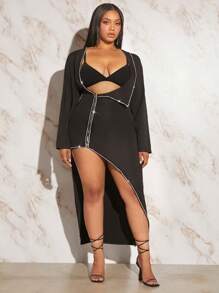 SHEIN SXY Talla grande Abrigo en contraste con diamante de imitación con parte delantera abierta - Negro - Ver 3