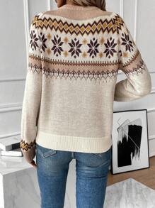 SHEIN LUNE 几何图案插肩袖针织套头衫秋冬毛衣 - 杏色 - 查看 2