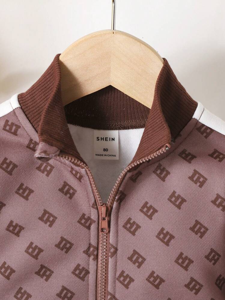 Bebé niño Cazadora con estampado con costura lateral en contraste con pantalones deportivos - Café integral - Añade 3