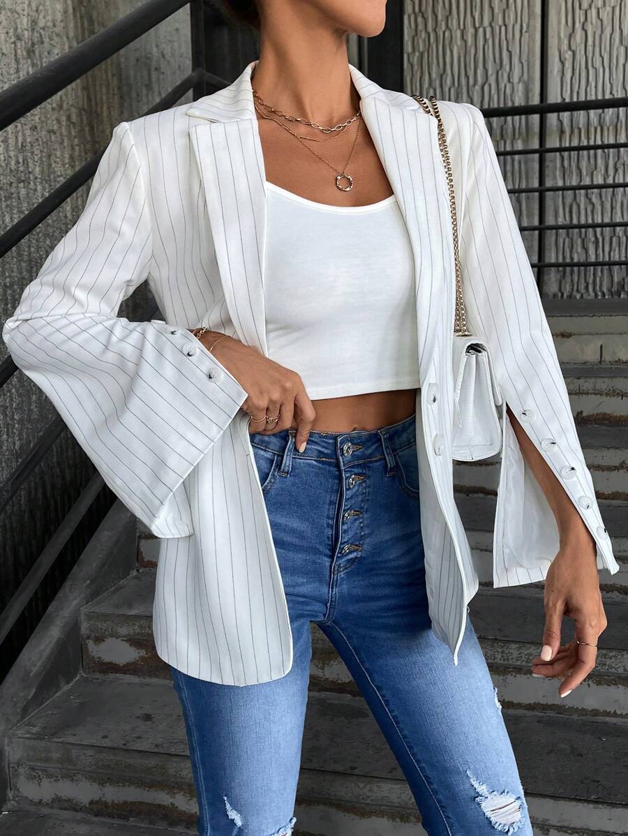 RueChic Striped Print Split Sleeve Single Breasted Blazer - White - View 1