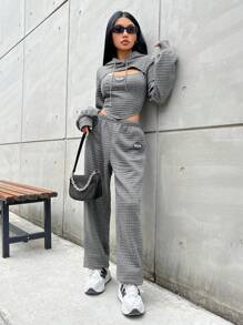 SHEIN EZwear Letter Patched Detail Cutout Drawstring Hoodie & Sweatpants - Dark Grey - View 3