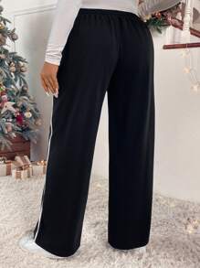SHEIN LUNE 大碼織帶拼接腰部抽繩闊腿衛褲 - 黑色 - 查看 2