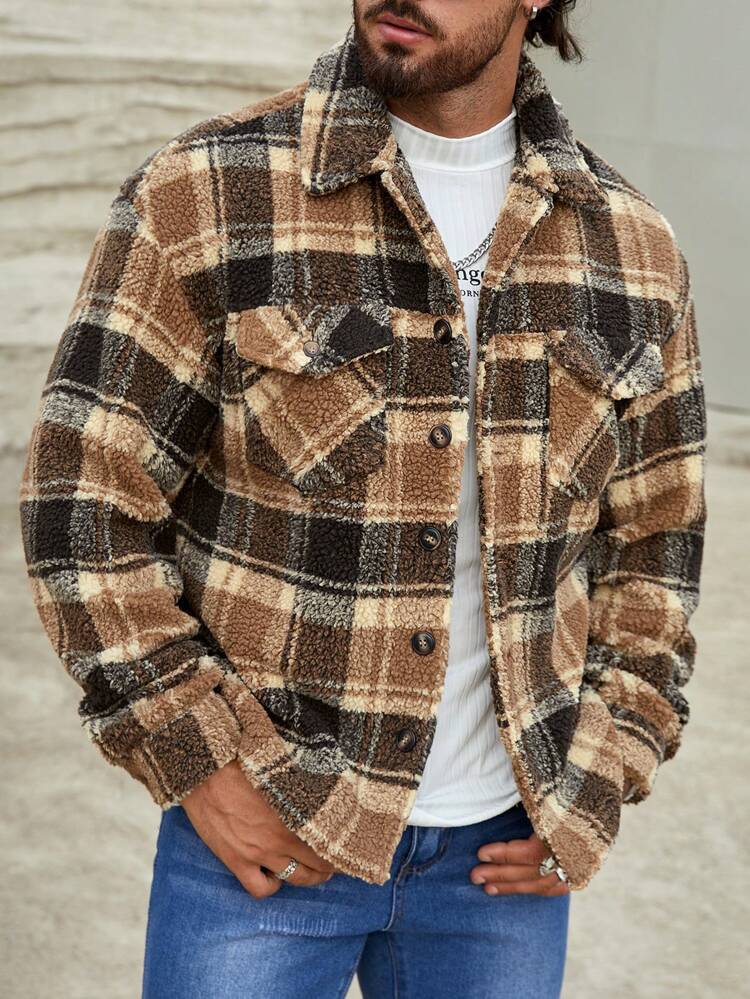 Loose Fit Men's Plaid Print Flap Pocket Jacket, For Fall Winter