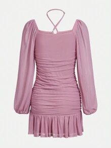 Teen Girl Ruched Ruffle Hem Halter Dress - Pink - View 2