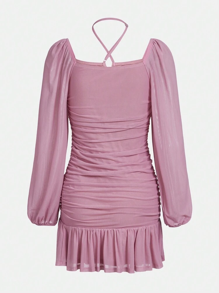 Teen Girl Ruched Ruffle Hem Halter Dress