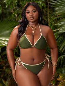 SHEIN Swim Curve Plus對比邊繫頸三角泳衣套裝 - 綠色 - 查看 6