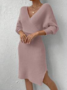 RosyDaze Surplice Neck Batwing Sleeve Split Thigh Sweater Dress Fall Winter Cloth For Women - Dusty Purple - View 4