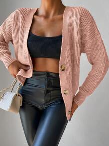 Drop Shoulder Button Front Ribbed Knit Cardigan - Pink - View 3