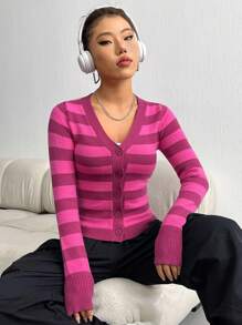 SHEIN Unity Mẫu sọc Nút phía trước Áo len Mở - Nhiều màu - Xem 4