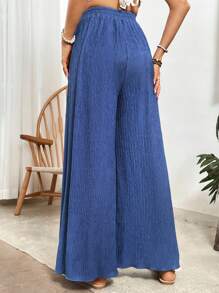 SHEIN VCAY Solid Wide Leg Pants - Navy Blue - View 3