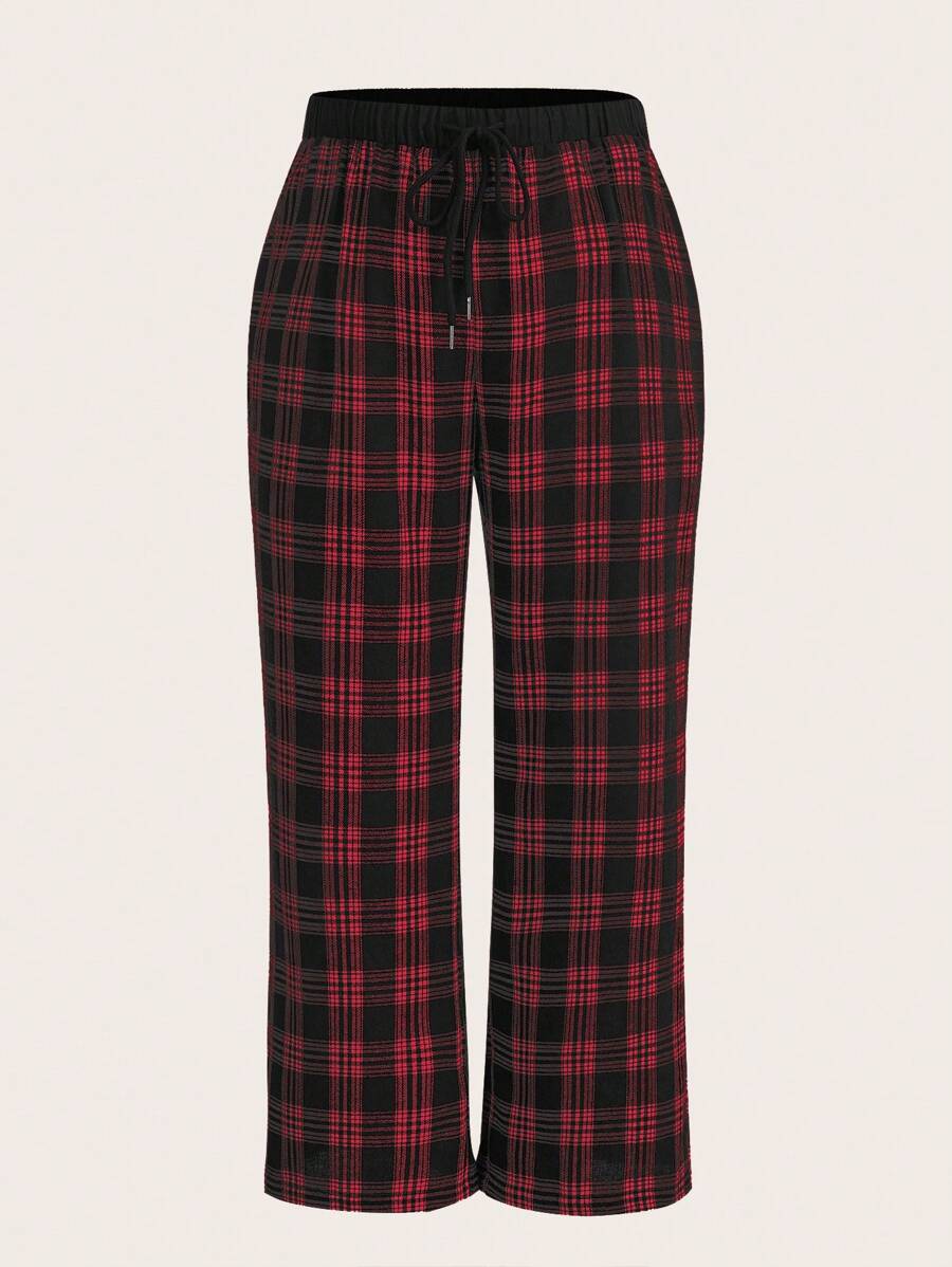 SHEIN EZwear Hơn In kẻ sọc Eo dây rút Quần - Đỏ - Xem 1