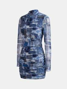 Chica adolescente Vestido con estampado de retazo de cuello alto fruncido de malla - Azul - Ver 3