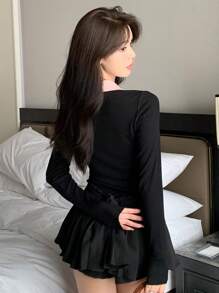 DAZY Áo thun nữ tay dài cài nút cổ tương phản, quần áo nữ mùa thu - màu đen - Xem 6
