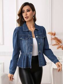 SHEIN Privé 翻蓋細節褶皺下擺牛仔夾克 - 深色水洗藍 - 查看 1