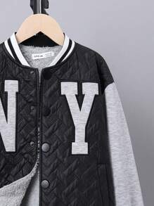 SHEIN 男大童字母刺繡條紋飾邊落肩袖加絨內裏棒球領絎縫外套 - 彩色 - 查看 6