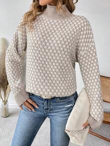 SHEIN Frenchy 菱形印花高領落肩袖套頭毛衣 - 卡其色 - 查看 4