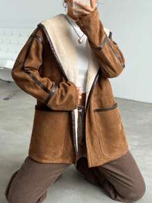 Muchica 雙口袋毛絨內襯大翻領毛絨內襯落肩袖毛絨內襯外套 - 棕色 - 查看 3