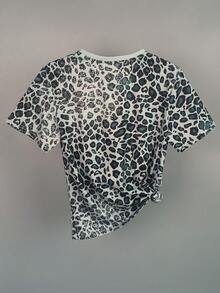 SHEIN Unity 豹紋和標語圖案T恤 - 綠色 - 查看 2