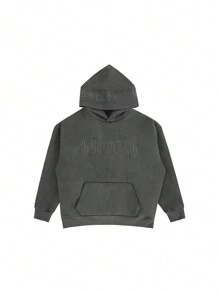 Men Letter Embroidery Kangaroo Pocket Drop Shoulder Hoodie