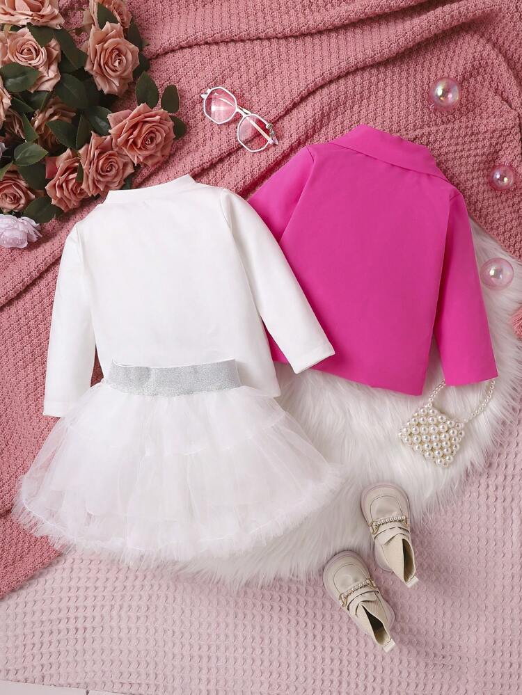 Baby Girl Letter Graphic Blazer & Mesh Overlay Skirt & Tee