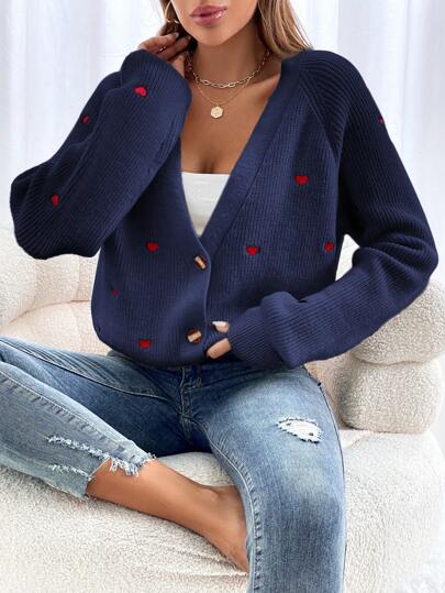 SHEIN Frenchy Cute Graphic Heart Embroidery Raglan Sleeve Cardigan,Navy Blue Knitted Sweater,Long Sleeve Tops For Autumn Date Valentine's Day Thanksgiving Casual