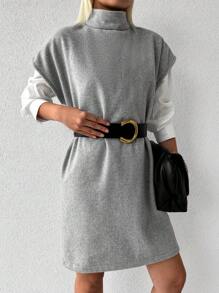 EURMUSE Turtleneck Batwing Sleeve Dress Without Belt & Blouse - Light Grey - View 6