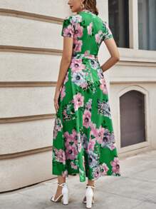 SHEIN Clasi Floral Print Belted Dress - Green - View 2