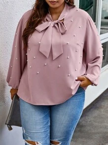 SHEIN CURVE+ Plus Pearls Beaded Tie Neck Lantern Sleeve Blouse - Pink - View 5