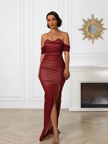 一字肩褶邊高衩網紗覆蓋洋裝 - 酒紅色 - 查看 3