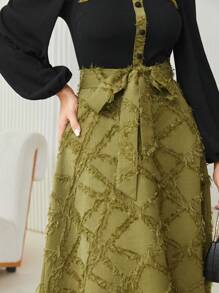 Modelyn Square Neck Lantern Sleeve Belted Jacquard Dress - Multicolor - View 6