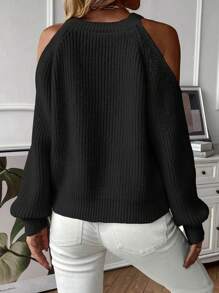 SHEIN LUNE Cold Shoulder Cable Knit Sweater,Long Sleeve Tops Knit Pullover Fall Winter Sweater - Black - View 2