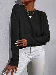 SHEIN Essnce 素色圓領套頭毛衣 - 黑色 - 查看 4