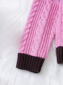 SHEIN Tween Girl Geo Pattern Contrast Trim Cable Knit Sweater - Multicolor - View 4