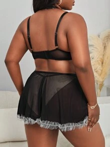 Talla grande 3 piezas Set disfraz de mucama de color combinado con lazo delantero de malla
