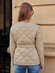 SHEIN Frenchy Solid Button Front Belted Quilted Coat - Apricot - View 2