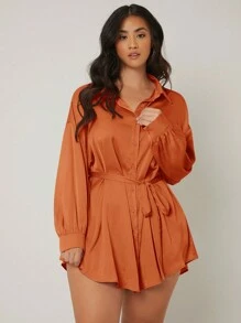 SHEIN Essnce Plus Drop Shoulder Belted Shirt - Rust Brown - View 1