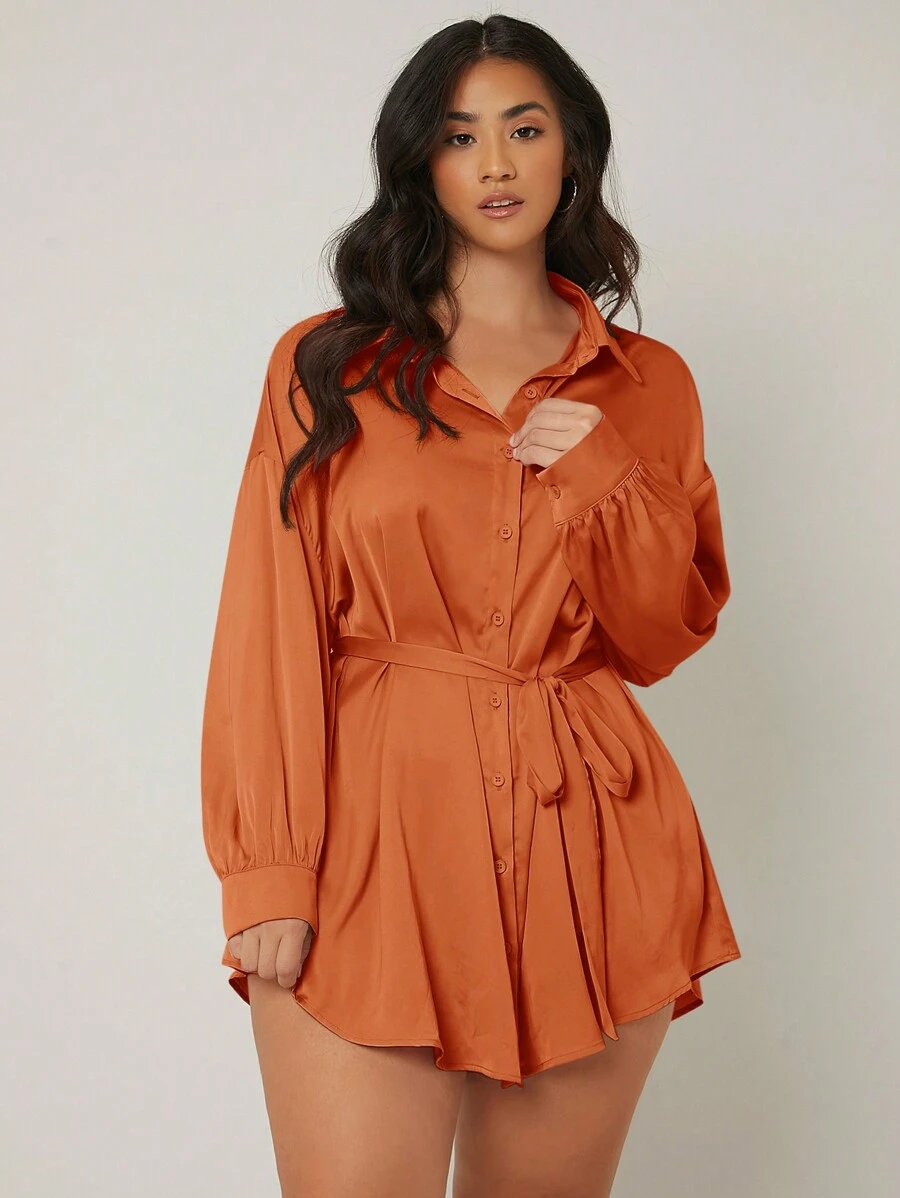 SHEIN Essnce Plus Drop Shoulder Belted Shirt - Rust Brown - View 1