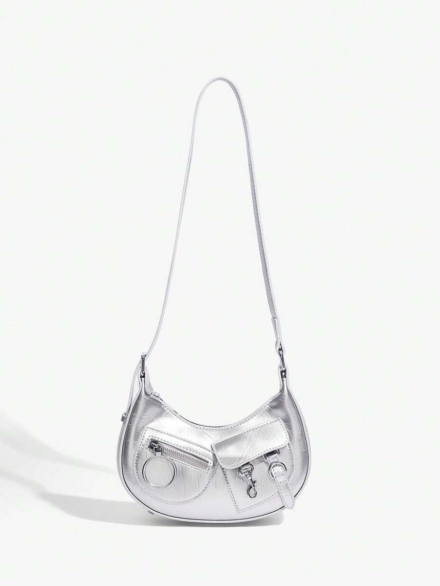 SHEIN ICON Hobo 包,帶前袋裝飾,銀色前衛斜挎包 - 銀色 - 查看 1